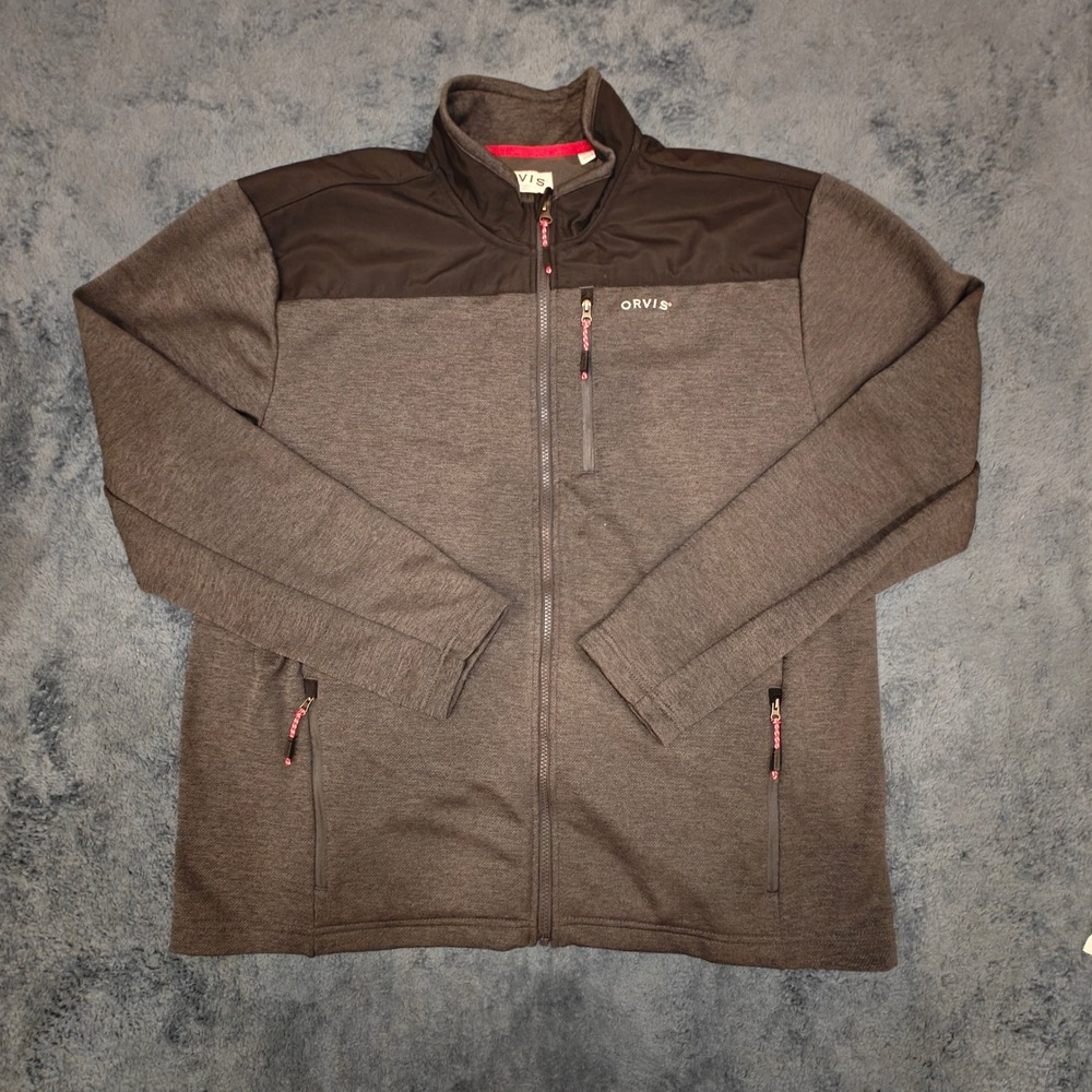 Orvis Mens Full Zip Fleece Jacket Brown Gray XL Mock Neck Outdoor Layer
